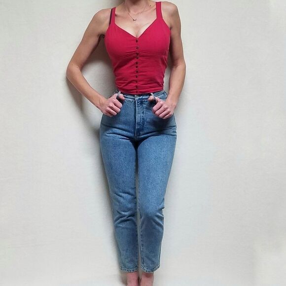 VINTAGE 1980s Bongo Light Stone Wash High Waisted Slim Tapered Skinny Leg Jeans - Picture 3 of 16